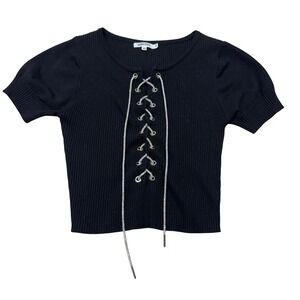 IMMODEL Womens Black Ribbed Lace Up Rhinestone Crop Top Short Sleeve SW-474 S